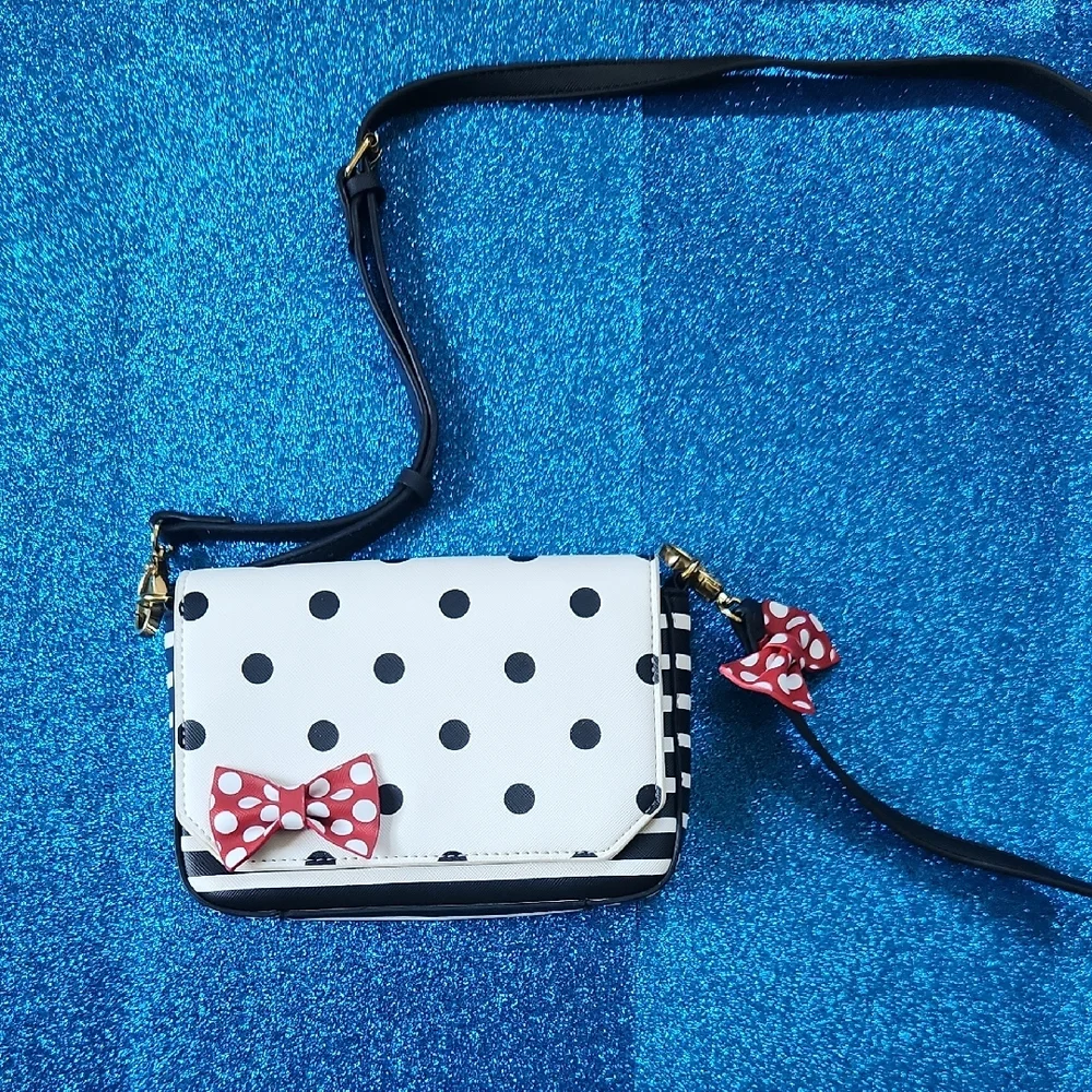 Disney Parks Crossbody Purse Handbag Black White Dots Stripes Minnie Mouse Bows